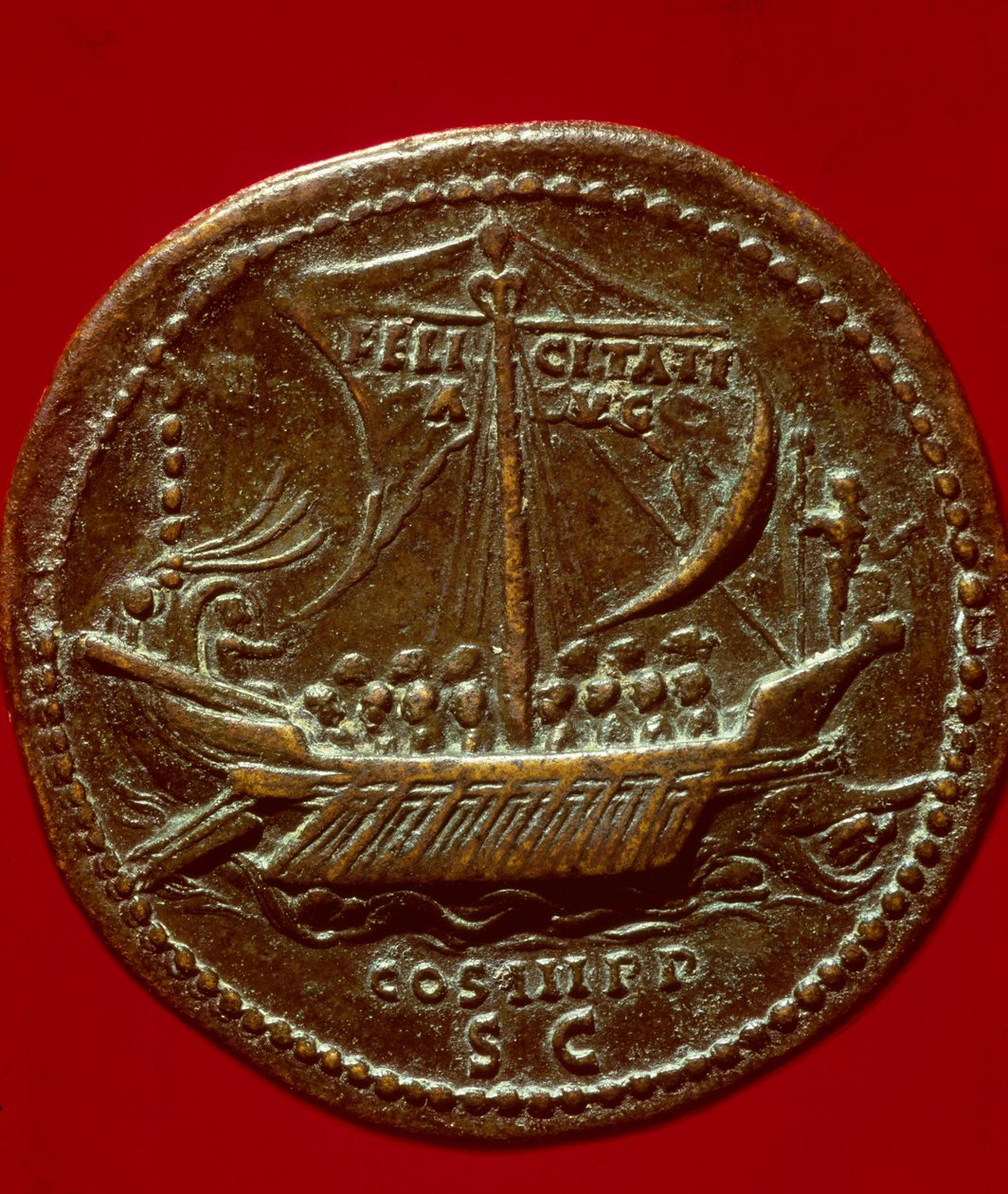Romersk konst: mynt av kejsar Hadrianus (eller Adrien) (76-138 e.Kr.) som representerar en imperial galere. 119 e.Kr. Paris, B.N. av Roman