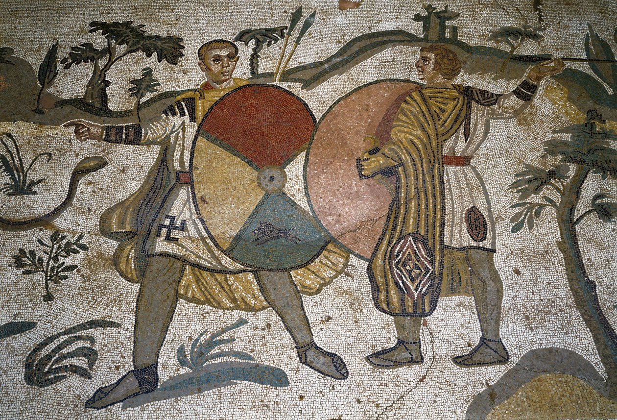 Romersk konst: detalj av mosaiken "" Den stora jaktdelen"" Jägares vapen av stora sköldar. 315-350 e.Kr. Piazza Armerina, Villa Romana del Casale av Roman