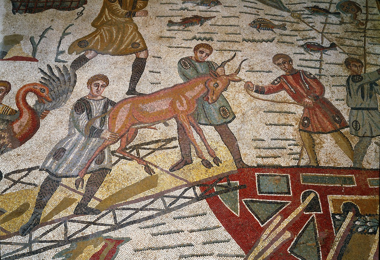 Romersk konst: detalj av mosaiken "" Den huvudsakliga jaktdelen"" Gaseller lastas på fartyg. 315-350 e.Kr. Piazza Armerina, Villa Romana del Casale av Roman