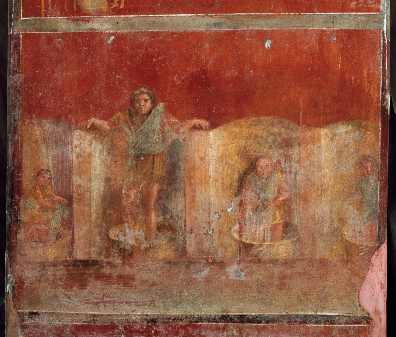 Romersk konst: "" fullonica eller foulonnerie"" scen som skildrar rengöring av folkmassor kläder på fötterna. Fresk från villan Fullonica stephani (La fullonica de Stephanus) i Pompei, som användes som tvättstuga och färgning. Målning från 1:a århundradet av Roman
