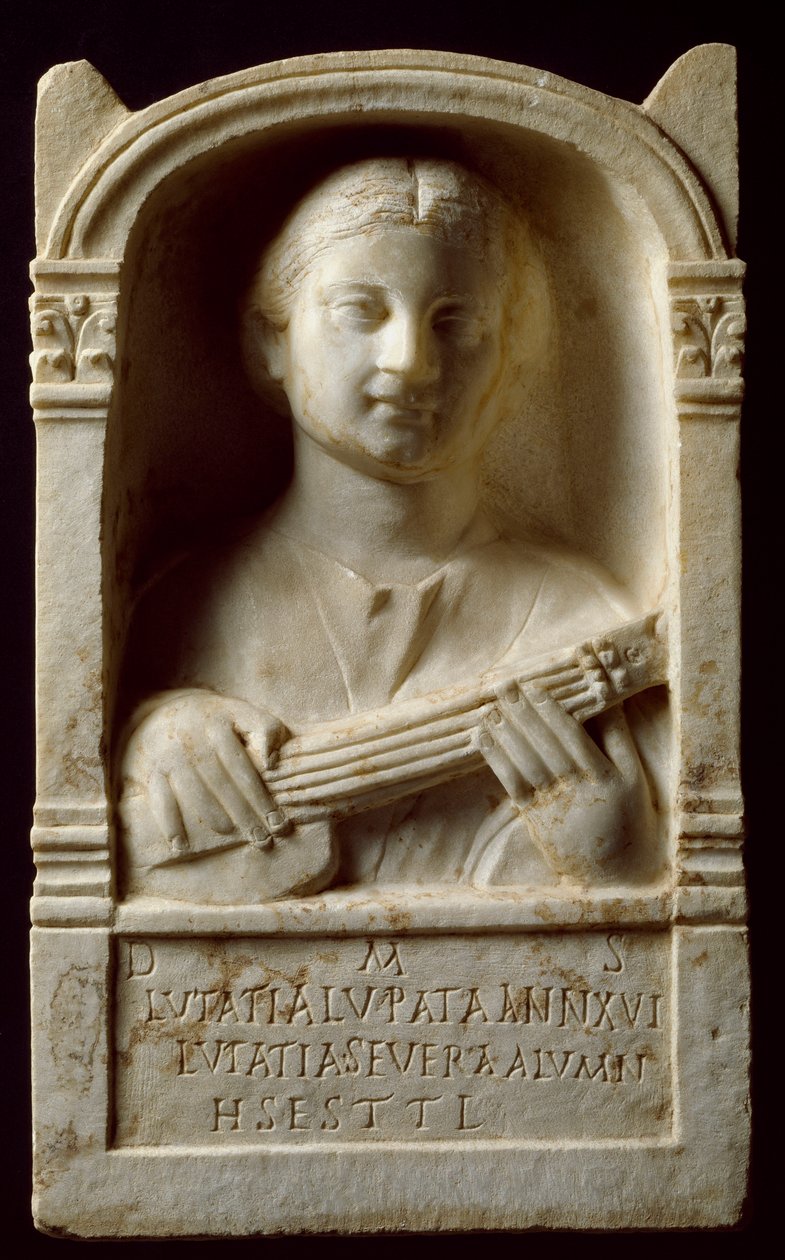 Romersk konst: begravningsstele för en kvinna som heter "Lutatia Lupata"" som dog vid 16 års ålder när hon spelade ett musikinstrument. 2:a århundradet e.Kr. Nationalmuseet för romersk konst, Merida, Spanien av Roman