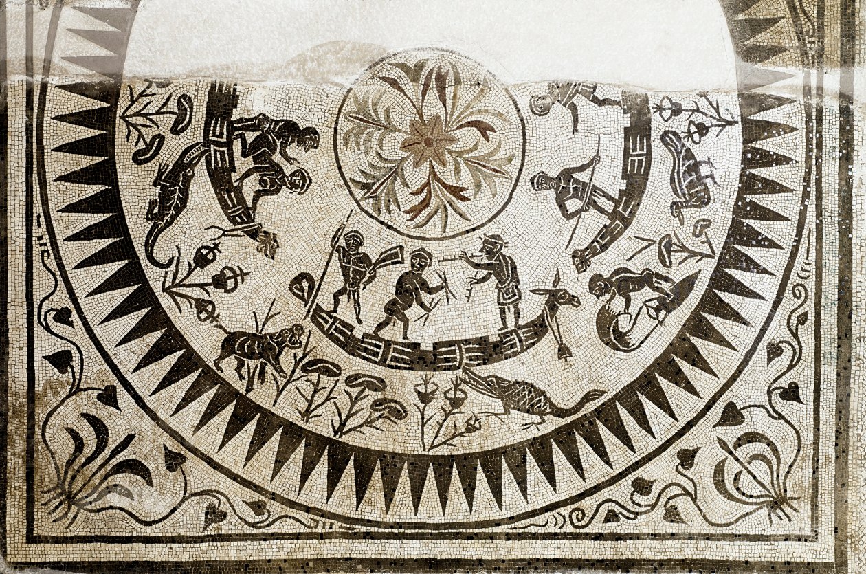 Romersk konst: jakt och fiske pygmees. Mosaik från 300-talet. National Roman Museum (eller av Baths) Rom av Roman