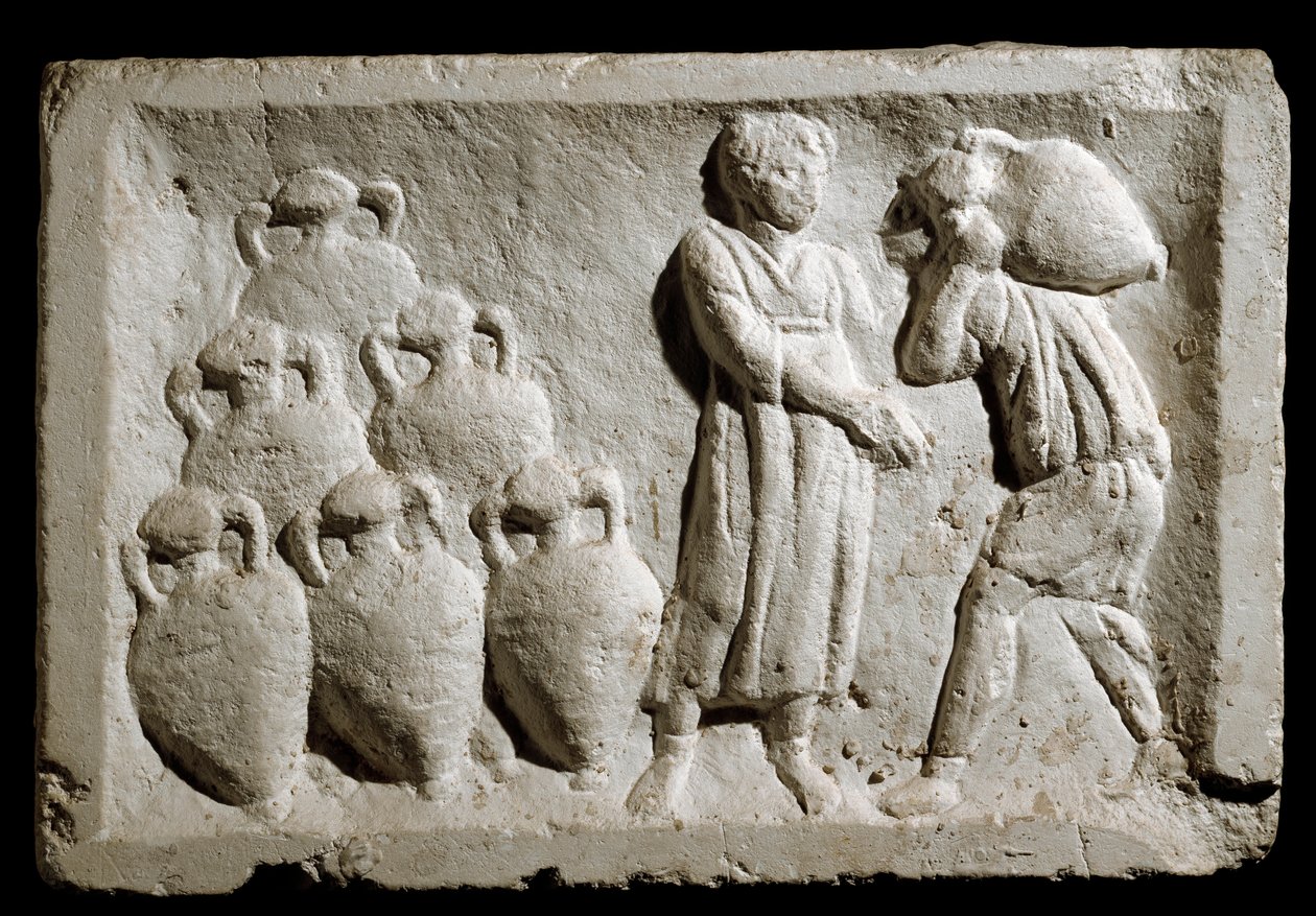 Romersk konst: "" lastning och stuvning av vinkannor""" Relief. 2:a århundradet e.Kr. Rom, museum för romersk civilisation av Roman
