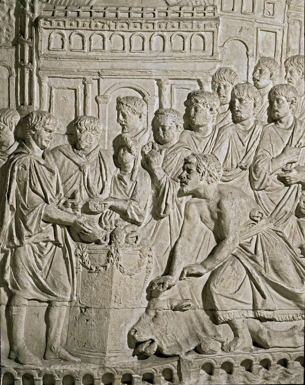 Romersk konst: lågrelief som representerar Sarmat-medborgare som hyllar romarna. Från relieferna av spalten av Marc-Aurele (Marx Aurele). 2:a århundradet e.Kr. Rom, Museo della Civilta Romana av Roman