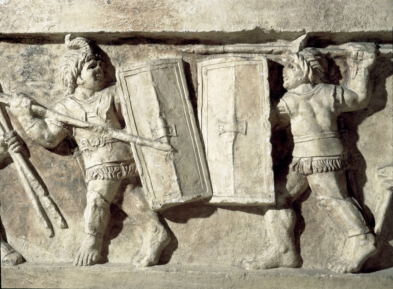 Romersk konst: lågrelief som representerar ett slag av gladiatorer. 1:a århundradet e.Kr. Rom, Museo della Civilta Romana av Roman