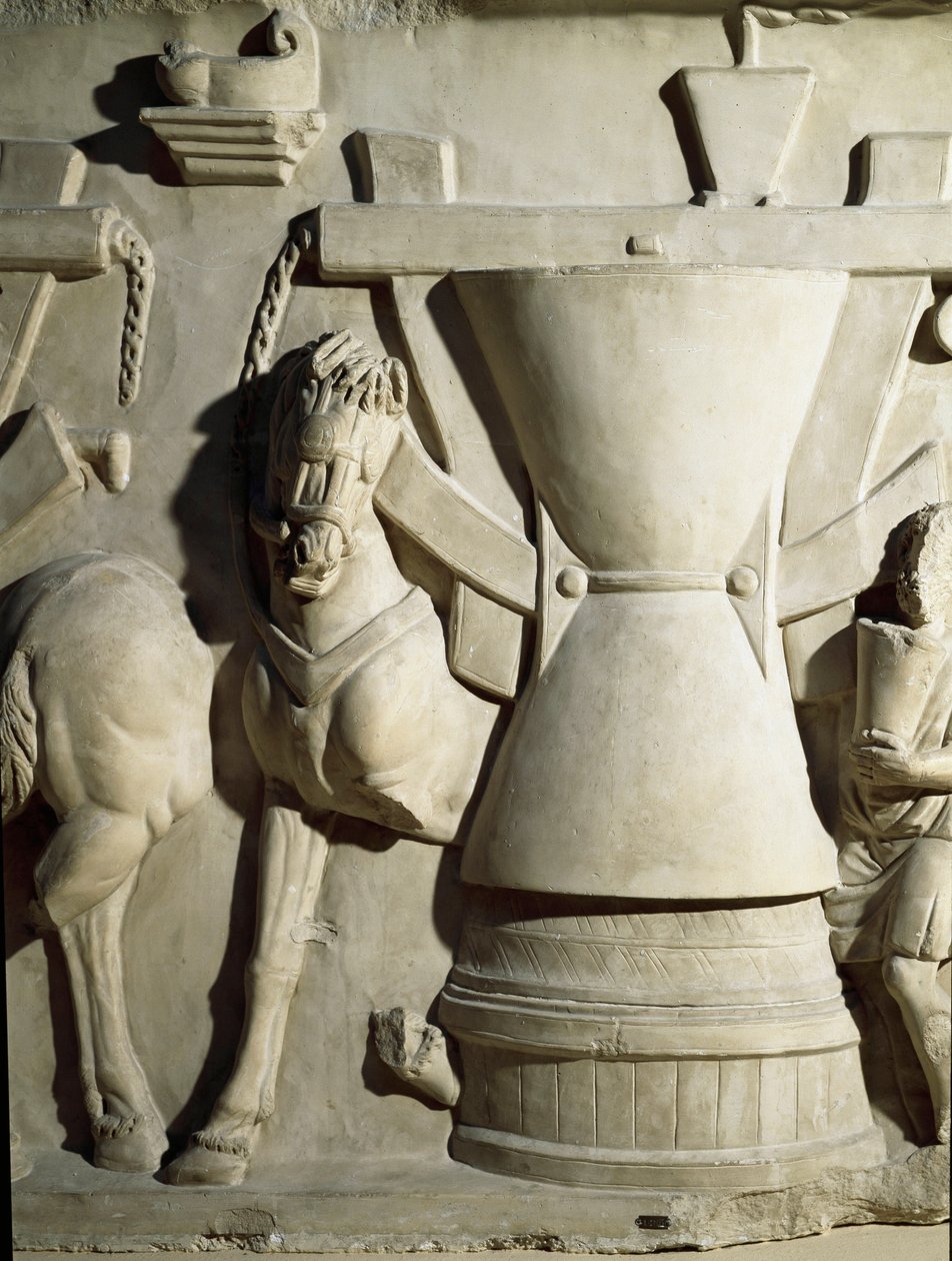 Romersk konst: lågrelief som föreställer ett kvarnhjul. 1:a århundradet e.Kr. Rom Museo della Civilta Romana av Roman