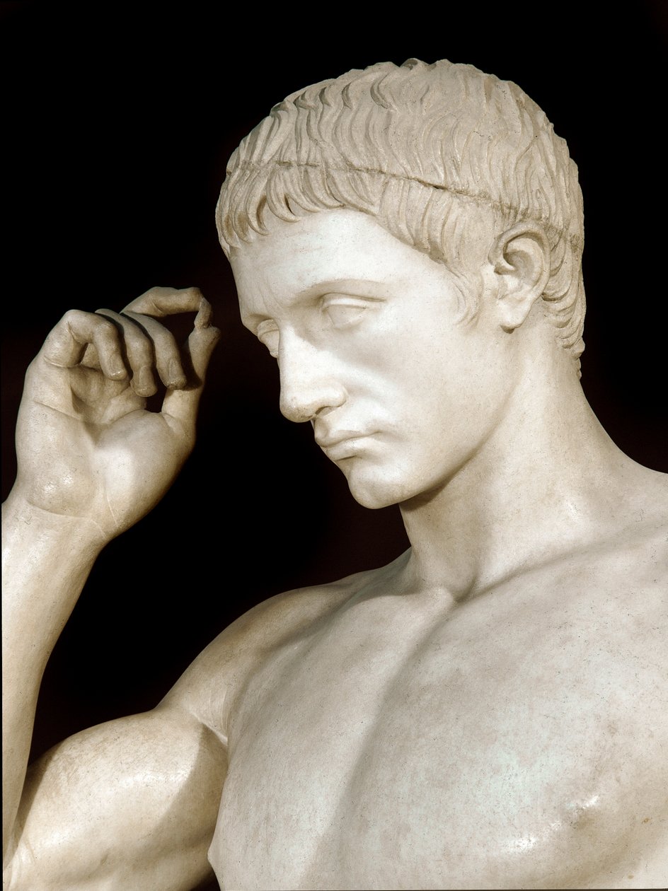 Romersk konst: marmorskulptur av Marcus Claudius Marcellus (42-23 f.Kr.), brorson till Augustus. Detalj. Tillverkad av atenaren Cleomenes. omkring 20 f.Kr. Dämpa. 190 cm Paris, Louvren av Roman