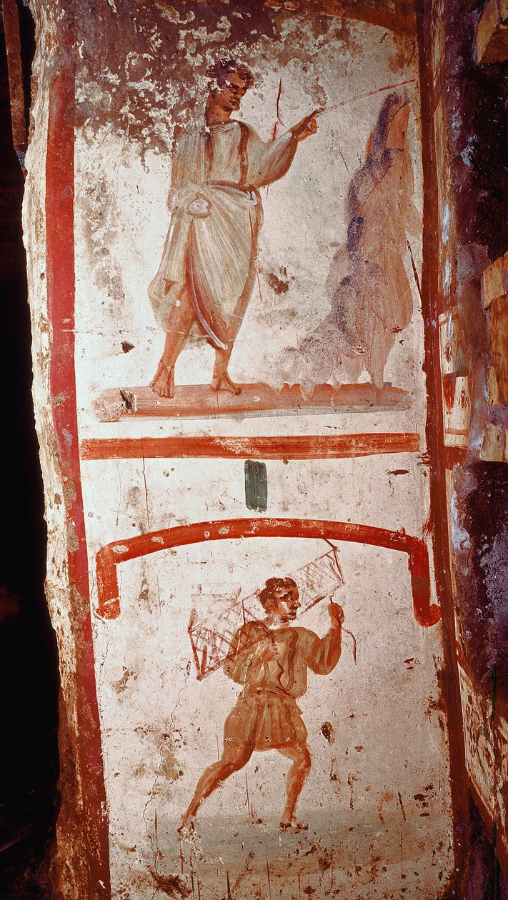 Romersk konst: mirakel av källan och mirakel av de förlamades krig. Fresker. Slutet av 300-talet efter JC. Rom, katakomberna i San Marcellino och Pietro (Peter och Marcellin) - romersk konst. Källans mirakel och den förlamades återhämtning. Fr av Roman
