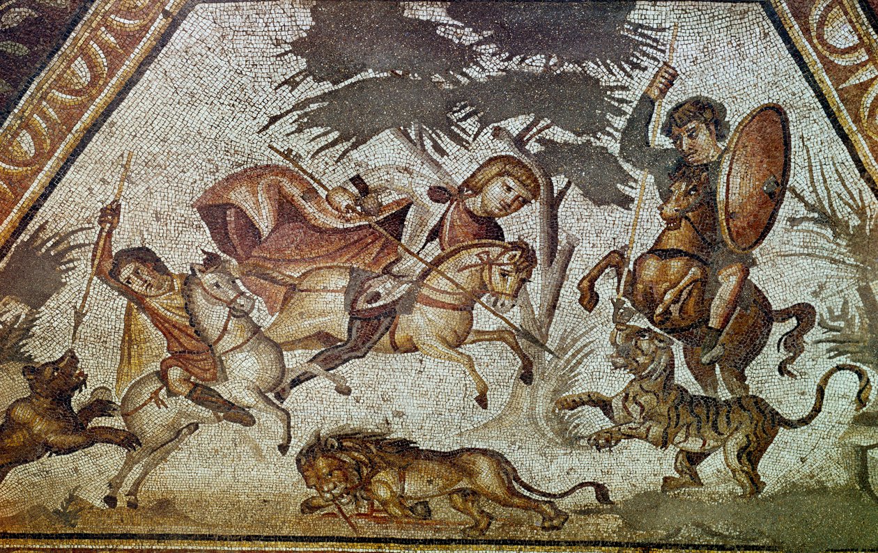 Romersk konst: mosaik av årstiderna från innergården till Constantine villa "" Daphne"". Detalj som visar en scen av lejon- och tigerjakt. Från Faubourg i Antioche-sur-l