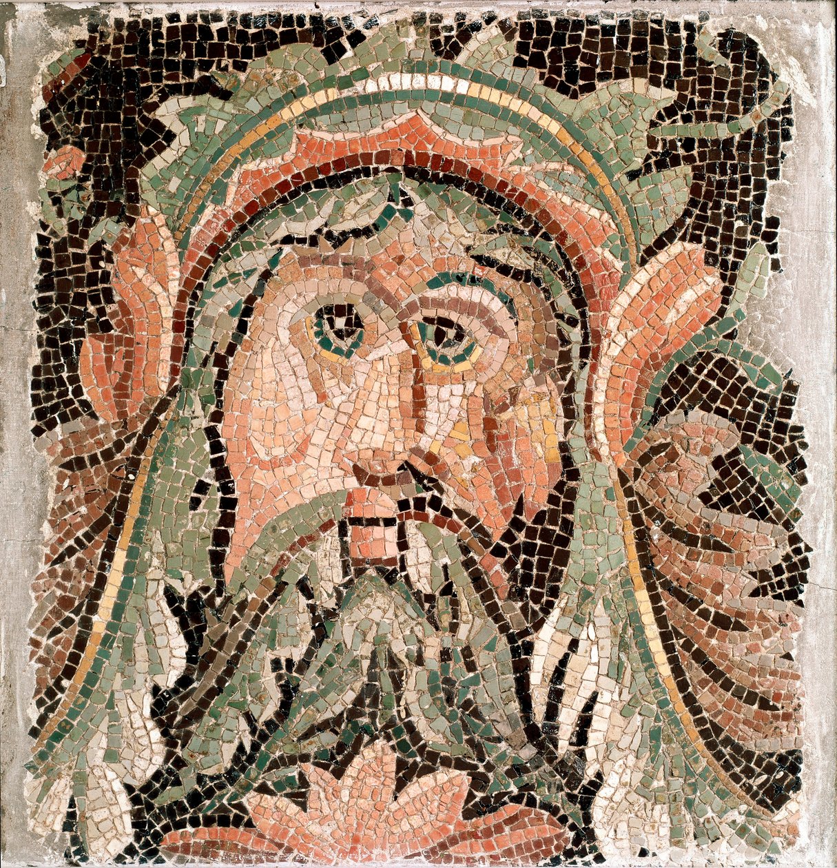 Romersk konst: mosaik som representerar huvudet på en marin gudom. 3:e århundradet e.Kr. Rom, Museo Nazionale Romano - romersk konst. Havets gudomlighet. Mosaik, 300-talet e.Kr. Museo Nazionale Romano, Rom, Italien av Roman
