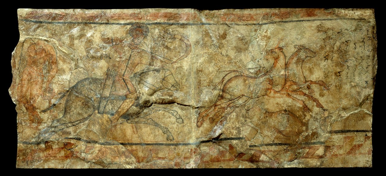 Romersk konst: väggmålning föreställande en bågskytt som jagar primula. från platsen för Doura Europos i Syrien (27 f.Kr.-476 e.Kr.). Sön 2,1x0,9 m av Roman