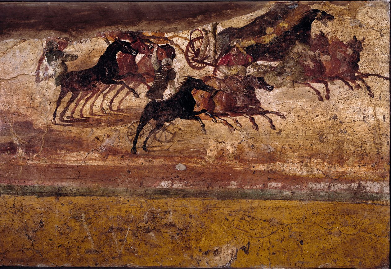 Romersk konst: ras av fyrlingar. Färskt från villa av quadrige. 4:e stilen, Pompeji. Neapel, Arkeologiska museet av Roman