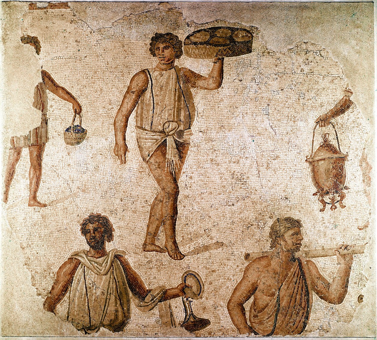 Romersk konst: tjänare vid en bankett. Fragment av mosaik från Kartago, Tunisien. 180-190 e.Kr. Paris, Louvren av Roman