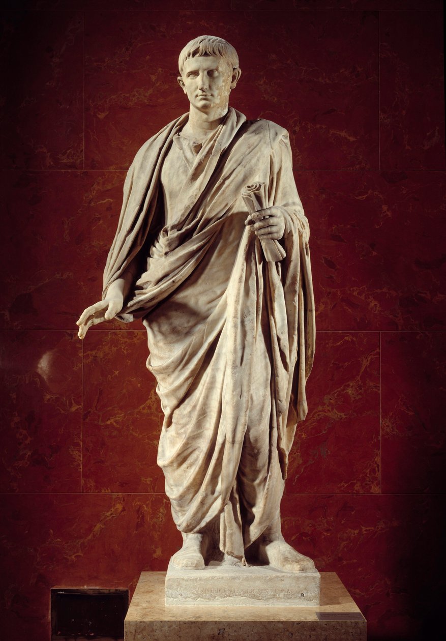 Romersk konst: staty av kejsar Augustus (CESARE AUGUSTO) (63 f.Kr.-14 e.Kr.) 1:a århundradet. Från Velletri. Paris, Louvren av Roman