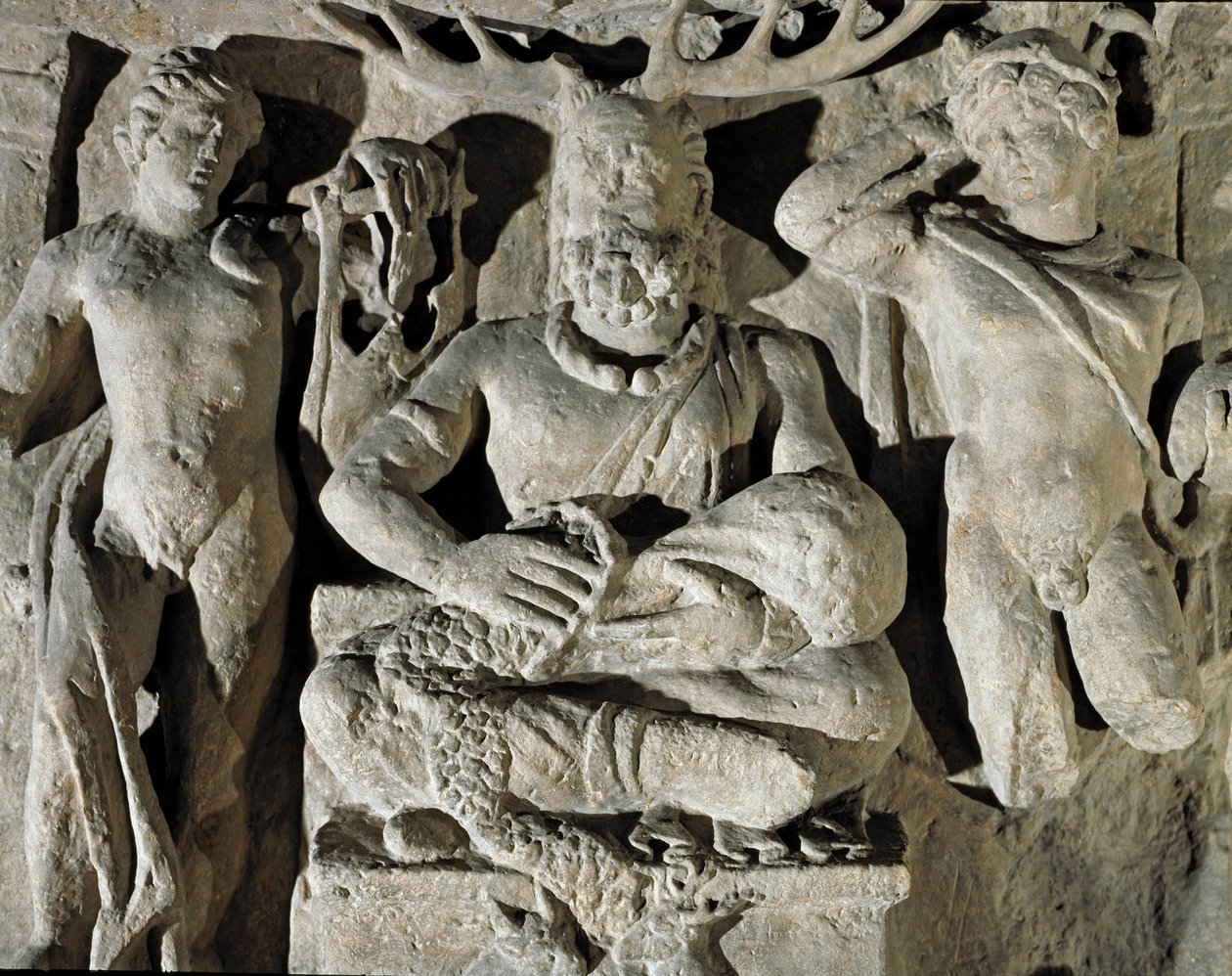 Romersk konst: den galliska guden av keltiskt ursprung Cernunnos (eller Kernunnos) representerar mellan Apollo och Merkurius. Från Reims. 1:a århundradet e.Kr. Rom, Museo della Civilta Romana av Roman