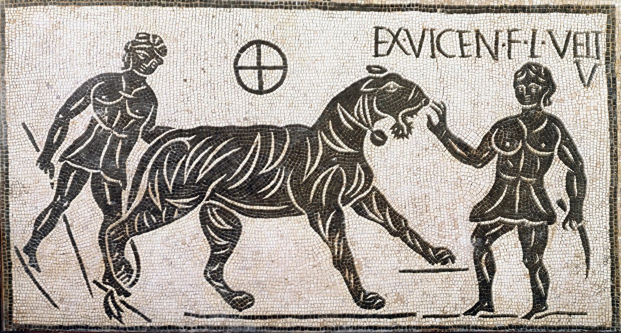 Romersk konst: ""två kvinnor som tämjer en tiger""" Mosaik från Castro pretorio i Rom. 1:a århundradet e.Kr. Rom, Museo Nazionale Romano av Roman