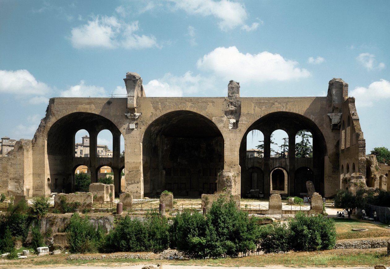 Romersk konst: utsikt över basilikan Maxence och Konstantin (eller Basilica Nova eller Basilica di Maxentius och Konstantin), 300-talet e.Kr. Rom, Italien av Roman