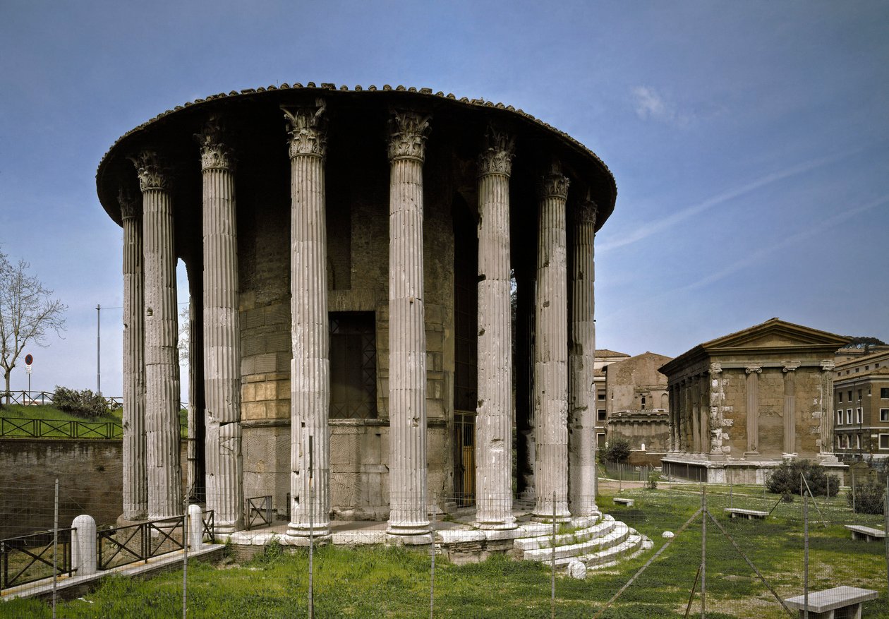 Romersk konst: utsikt över Hercules Victors tempel i Boarium-forumet (Foro Boario) 213 f.Kr. Rom, Italien av Roman