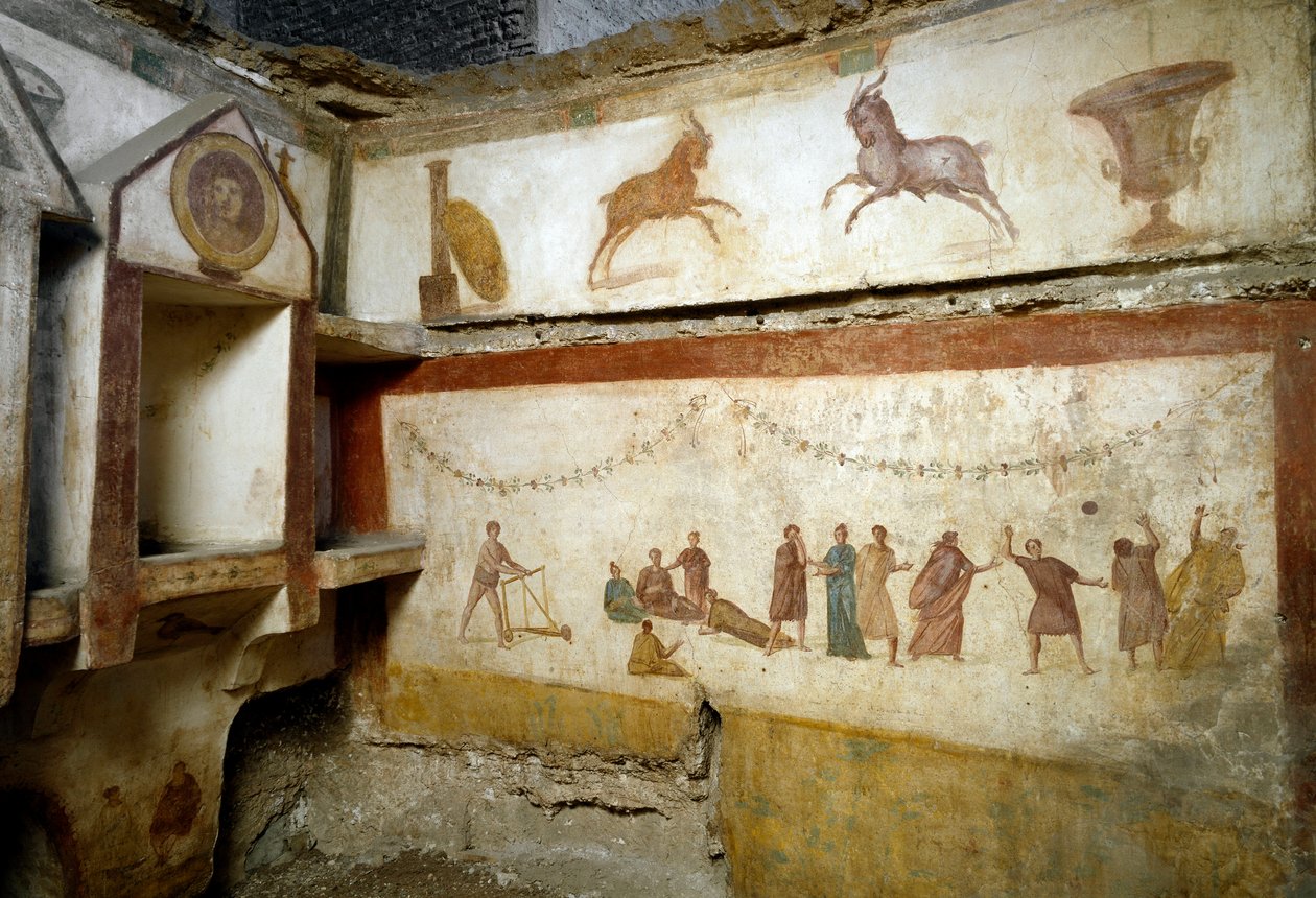Romersk konst: ""ungdomar som leker""" fresker som dekorerar en grav på Via portuense. 2:a århundradet. Sol. h. 90 cm Rom, Museo Nazionale Romano (o delle Terme) Italien av Roman