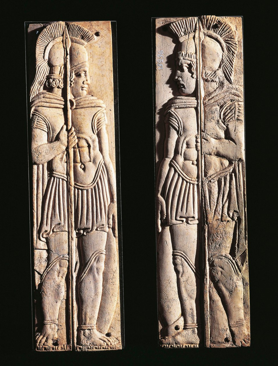Romersk civilisation, par benristningar av krigare, från Praeneste, Lazio-regionen, Italien av Roman