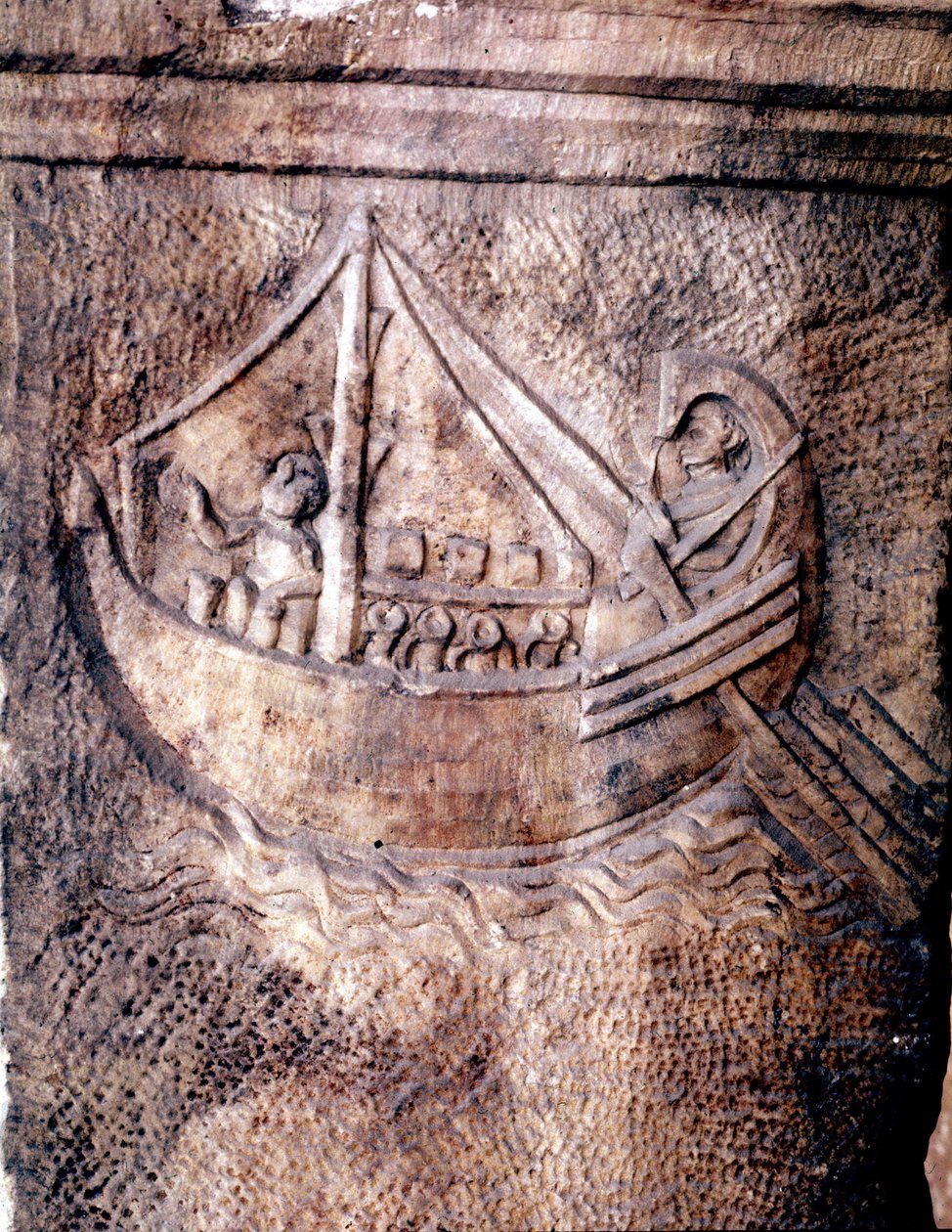 Romerskt transportfartyg. Låg relief från 2:a århundradet AD JC Roman National Museum av Roman