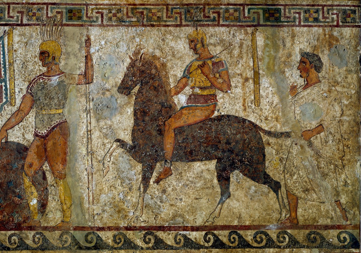 Samnitiska krigare och ryttare. Gravmålning från 300-talet f.Kr., från platsen för Paestum, Italien. Fresk. Mått: 112x199cm. Inv. 9363. Museo nazionale archeologico, Napoli (Neapels arkeologiska museum). - Samnitiska krigare och ryttare. Tomb målning. 4 av Roman