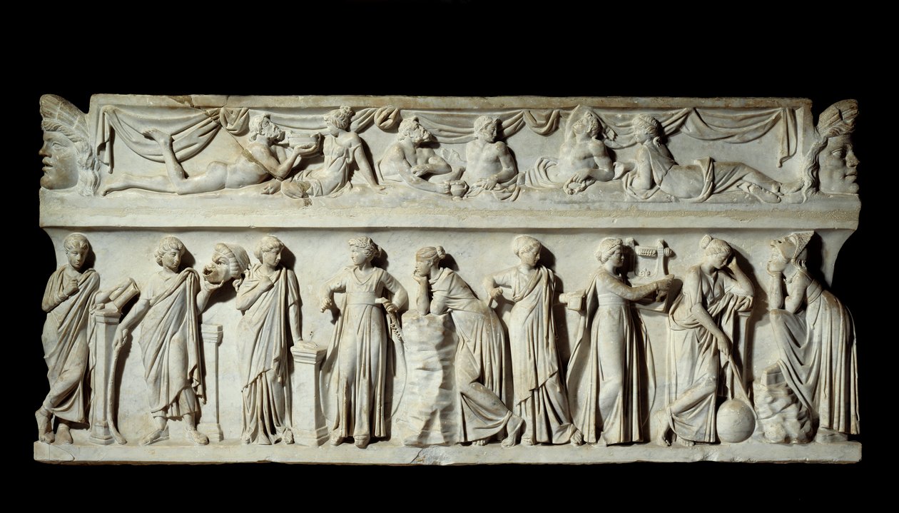 Sarcophagus des Muses: representation av muses deesses of arts and letters. Marmor skulptur. 150 e.Kr. Paris, Louvren. av Roman