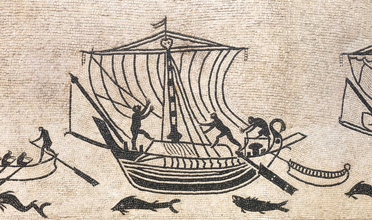 Fartyg som närmar sig en hamn, detalj av en mosaik, 2:a århundradet e.Kr av Roman
