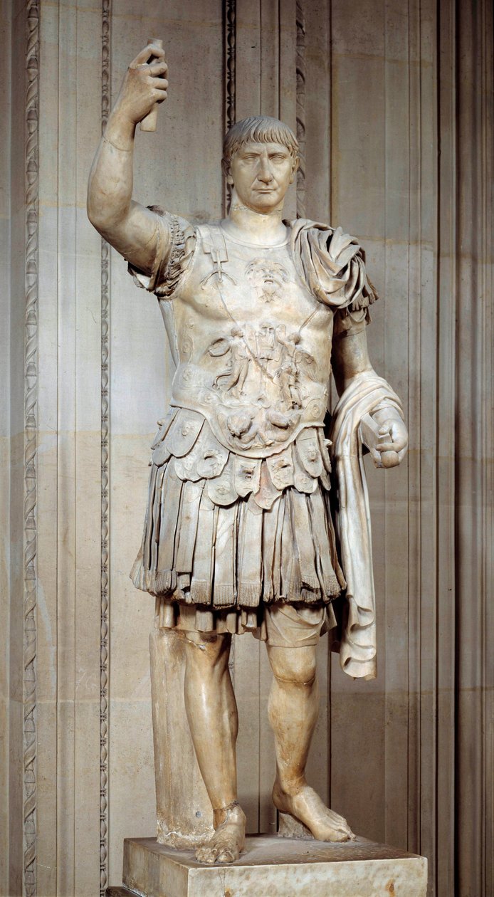 Staty av den romerske kejsaren Trajanus (Marcus Ulpius Traianus eller Traiano) (53-117 e.Kr.) stående, slagskepp. Omkring 108 e.Kr. Sön 2 m Paris, Louvren av Roman