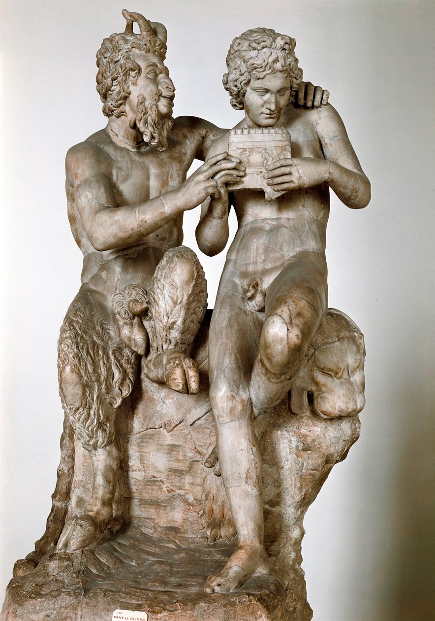 Statyett av guden Pan som undervisar i flöjt har sin eromene, herden Daphnis 1:a århundradet f.Kr. Romersk marmorskulptur efter ett grekiskt original. National Archaeological Museum of Neapel - Pan and Daphnis (eller Olympus). Romersk kopia efter en hellen av Roman