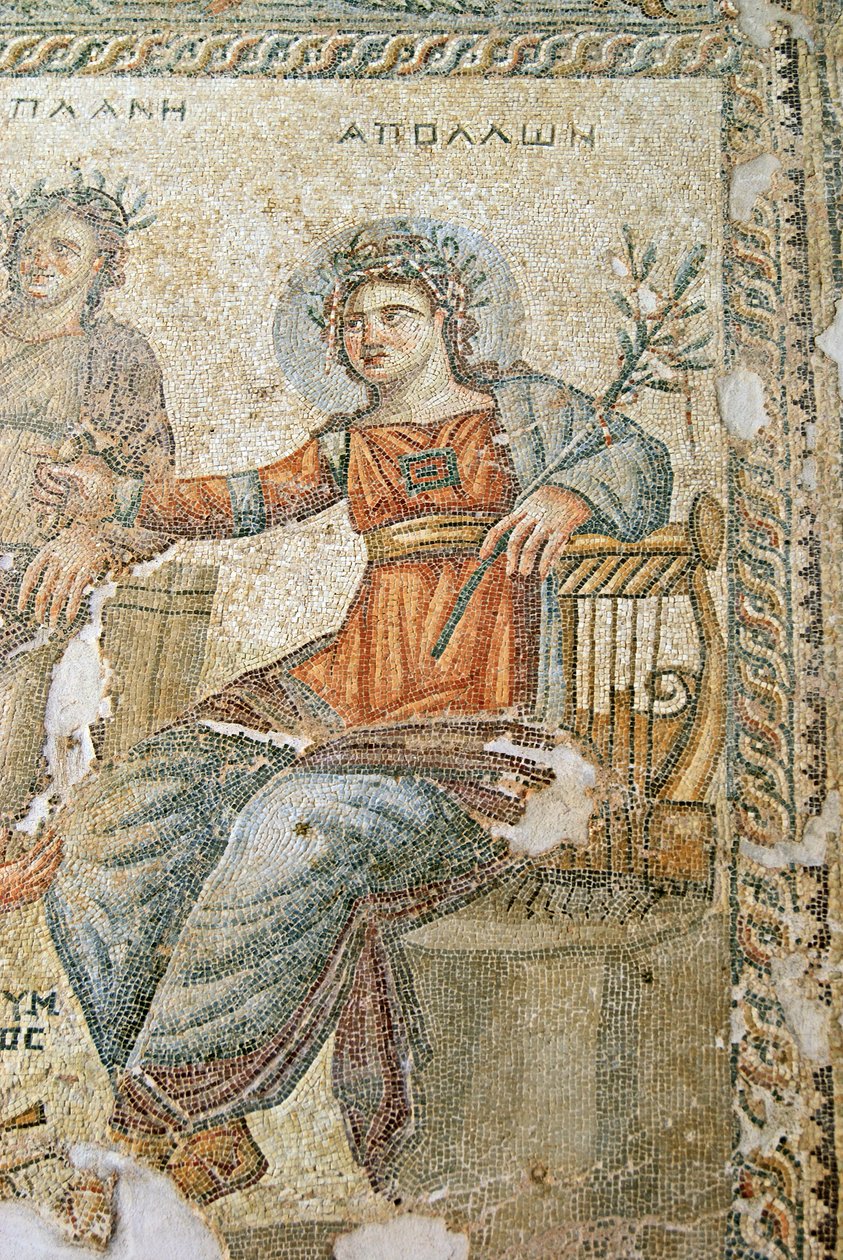 Mosaik med Apollon och Marsyas, detalj av Plinius och Apollon, Aions hus, Paphos, Cypern mosaik av Roman