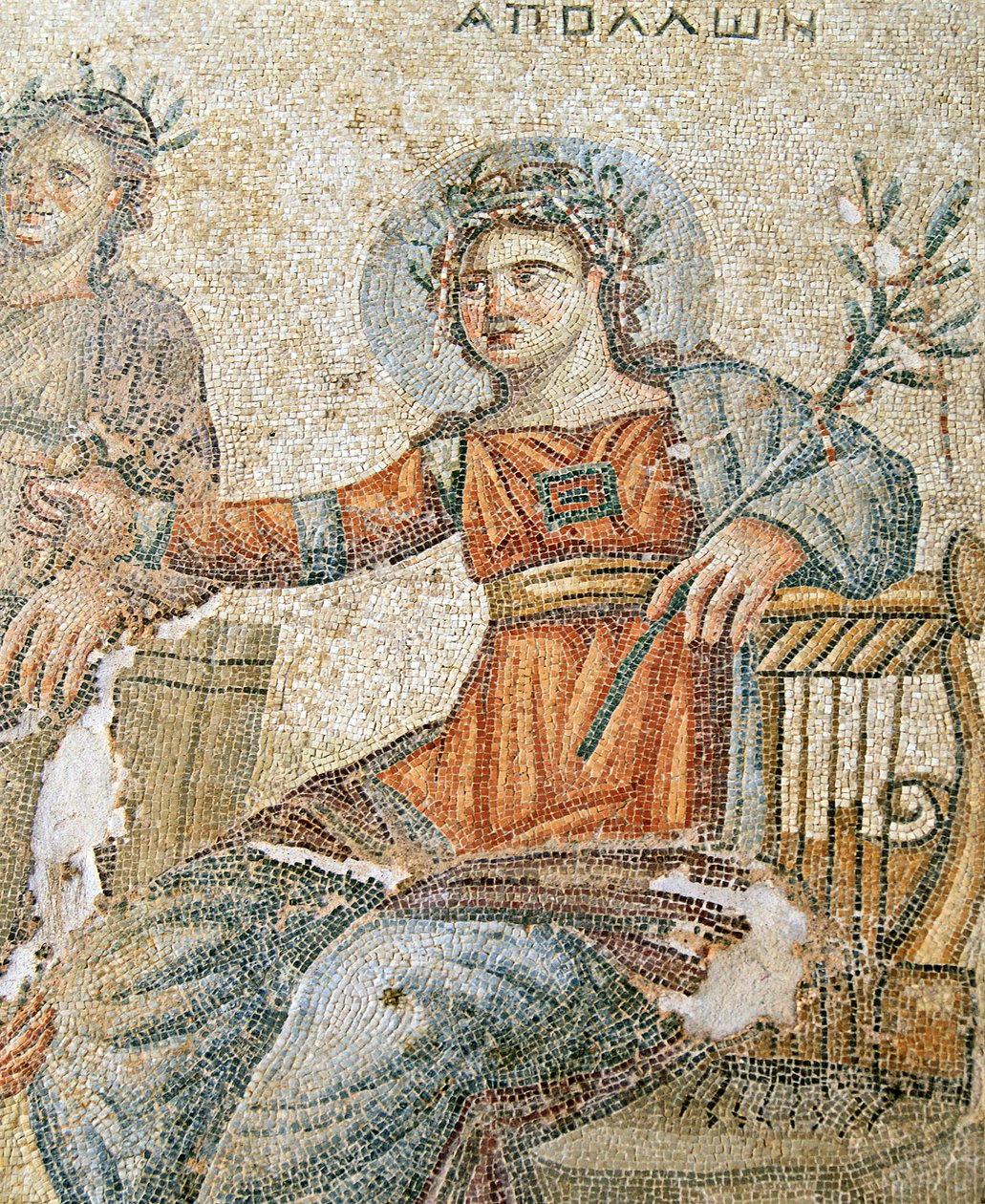 Mosaik med Apollon och Marsyas, detalj av Plinius och Apollon, Aions hus, Paphos, Cypern mosaik av Roman