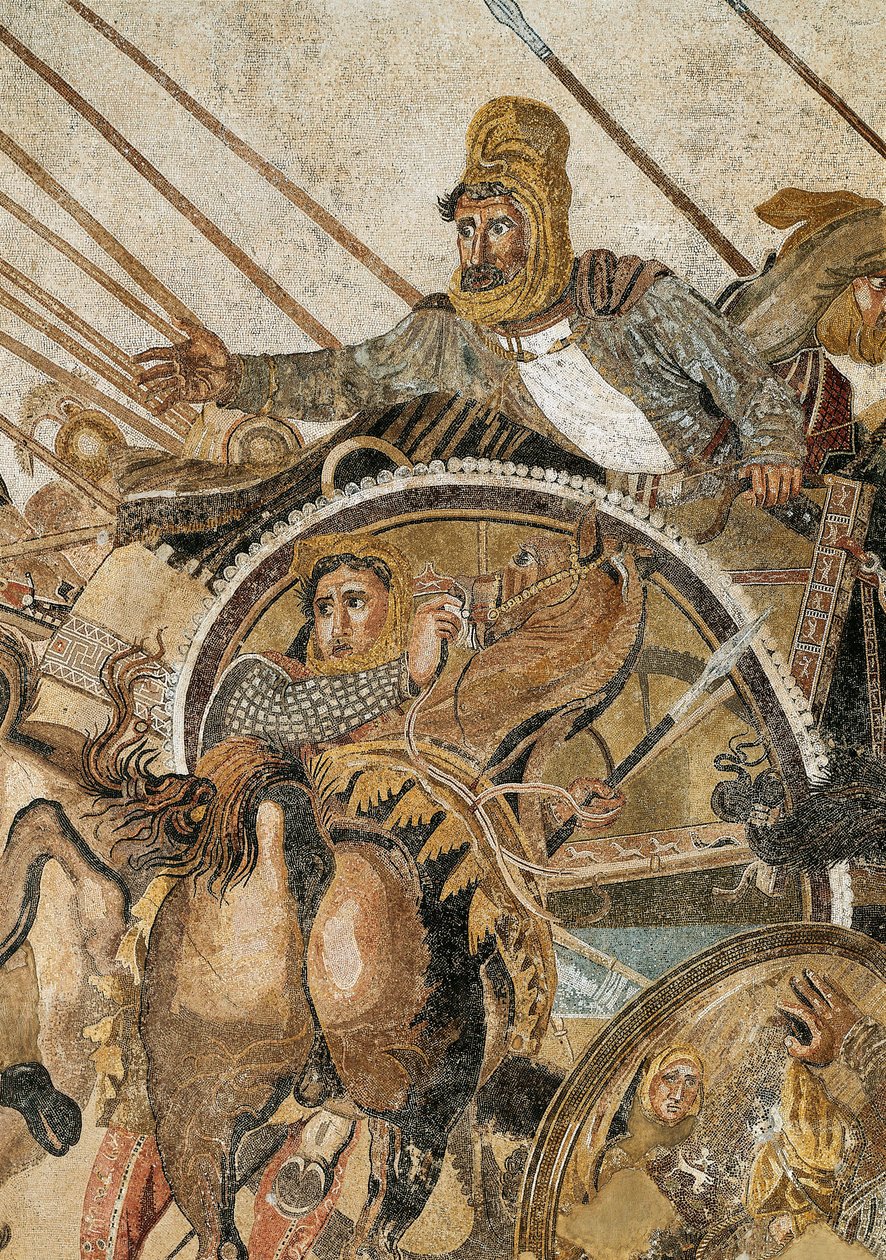 Slaget vid Issos vunnet av Alexander III den store mot Darios (Darius) III Codoman (335 - 331 f.Kr.) Mosaic of Pompei. Detalj. Nationella arkeologiska museet, Neapel. (Från Pompeji, Faunens hus) av Roman