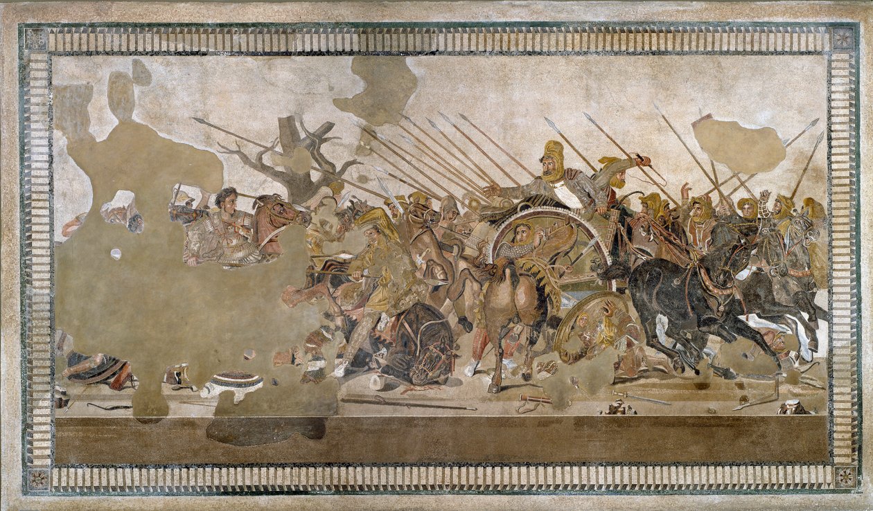Slaget vid Issos som Alexander III den store vann mot Darios (Darius) III Codoman (335 - 331 f.Kr.) - Mosaik av Pompei - av Roman