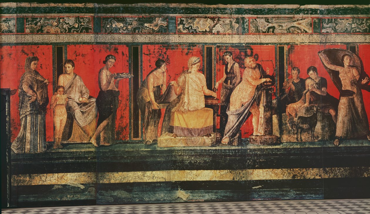 The Hall of Mysteries, Pompeji, 79AD (väggmålning) av Roman