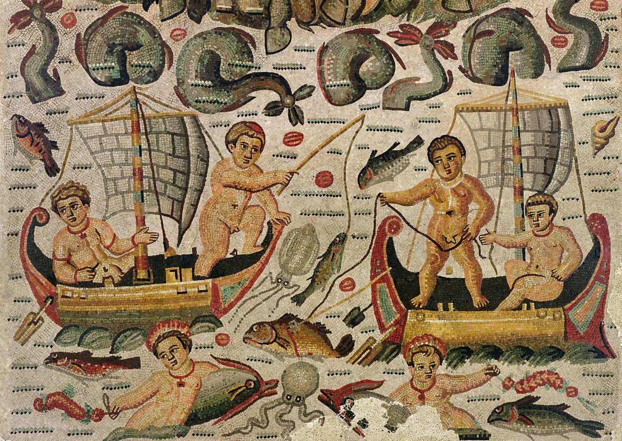 Neptunus och amfitrits triumf, detalj av amorfiskarmosaik av Roman