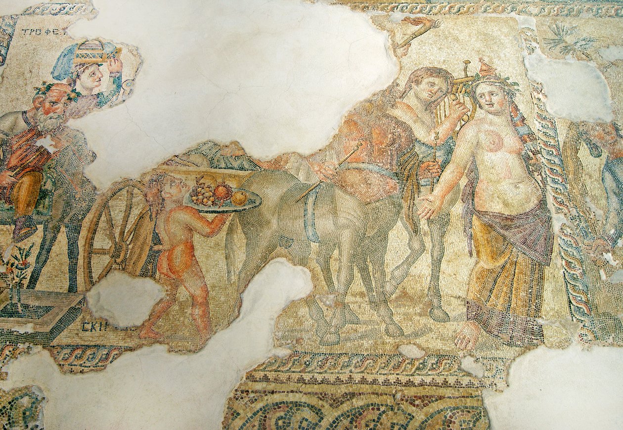 Dionysos triumferande procession, Aions hus, Paphos, Cypern (mosaik) av Roman