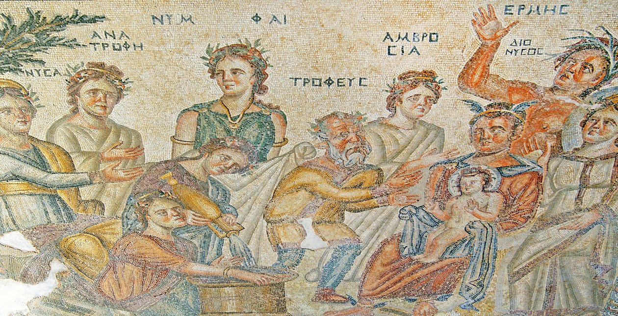 Presentationen av baby Dionysos av Hermes till Silenus. House of Aion, Paphos, Cypern (mosaik) av Roman