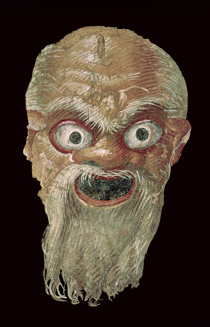 Teatermask, East Wall, Oecus 5, 60-50 BC freskdetalj av 57188 av Roman