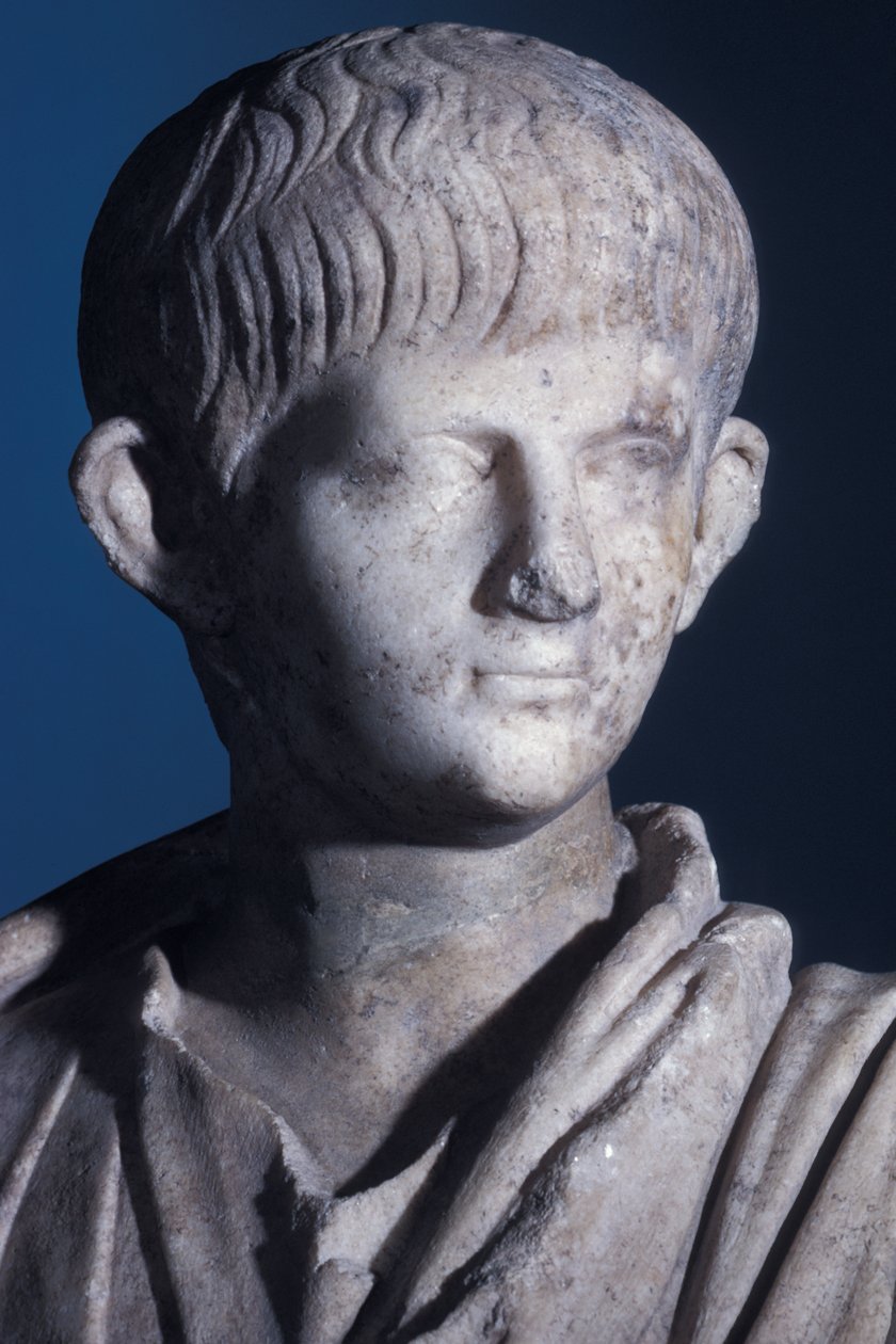 Togate-staty av den unge Nero, framifrån av huvudet, c.50 AD (marmor) (detalj av 140378) av Roman