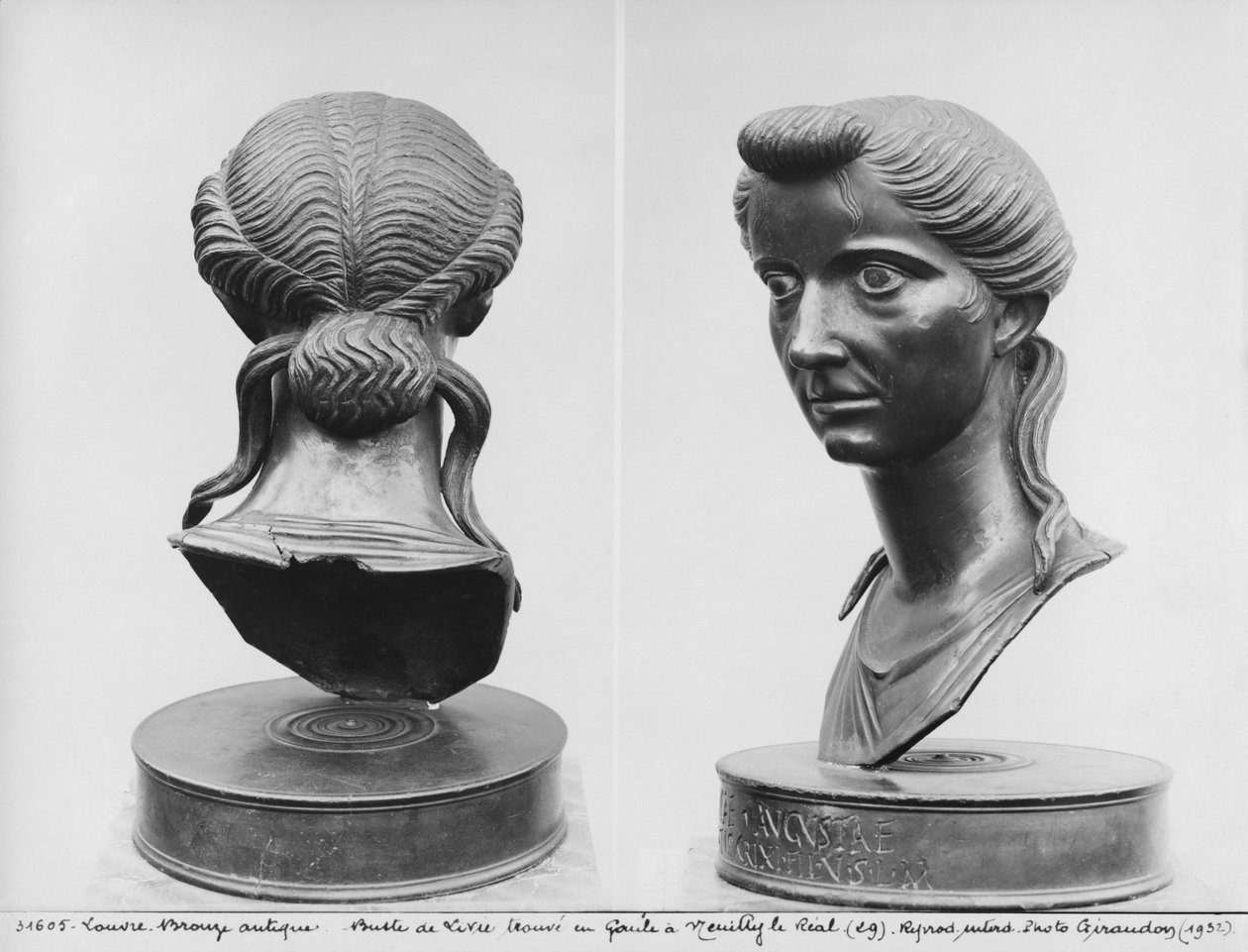 Två vyer av en byst av Livia (58 f.Kr.-29 e.Kr.) (brons) (s/v foto) av Roman