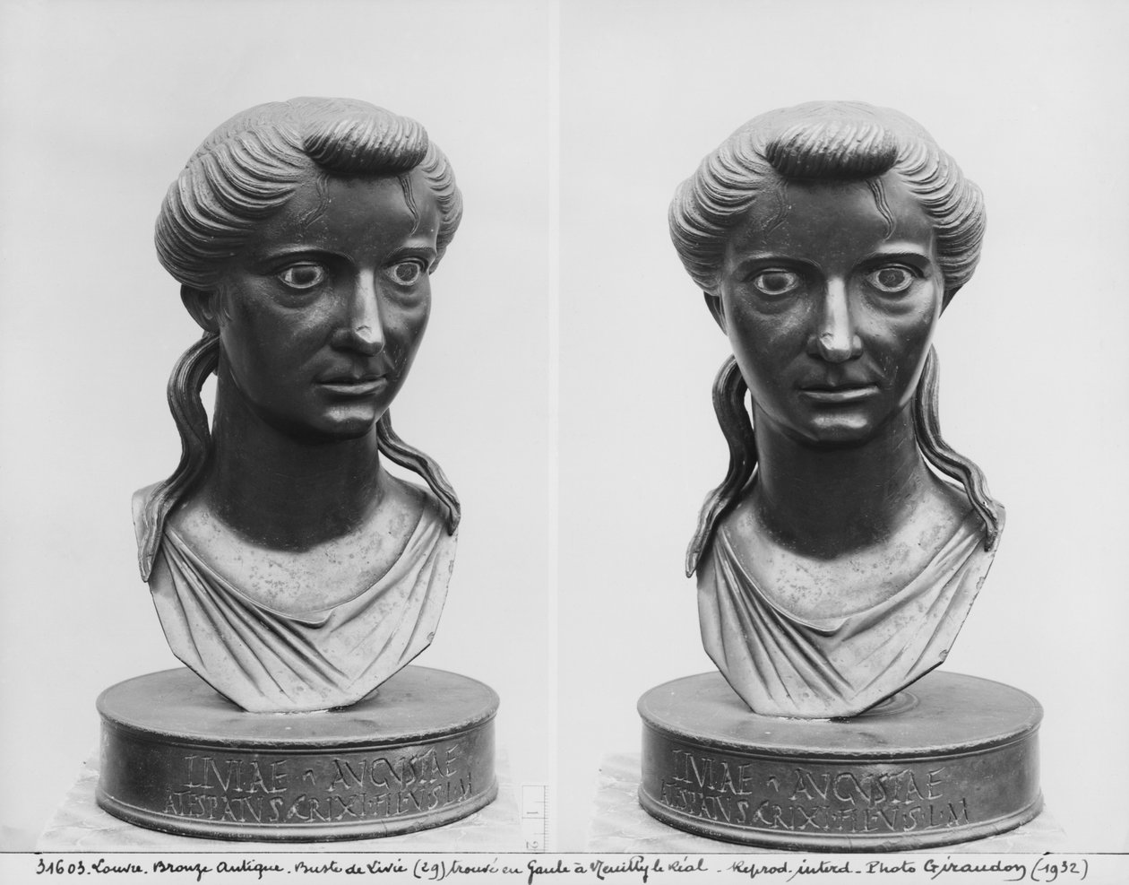 Två vyer av en byst av Livia (58 f.Kr.-29 e.Kr.) (brons) av Roman