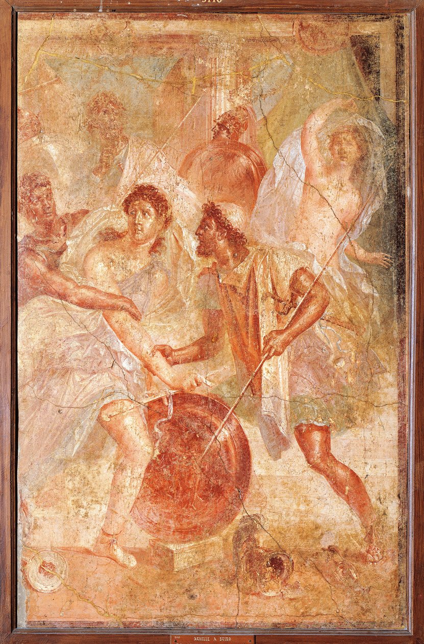Ulysses och Diomedes känner igen Akilles förklädd till den kvinnliga Pyrrha bland Lycomedes döttrar på Skyros, från Pompeji (fresk) av Roman