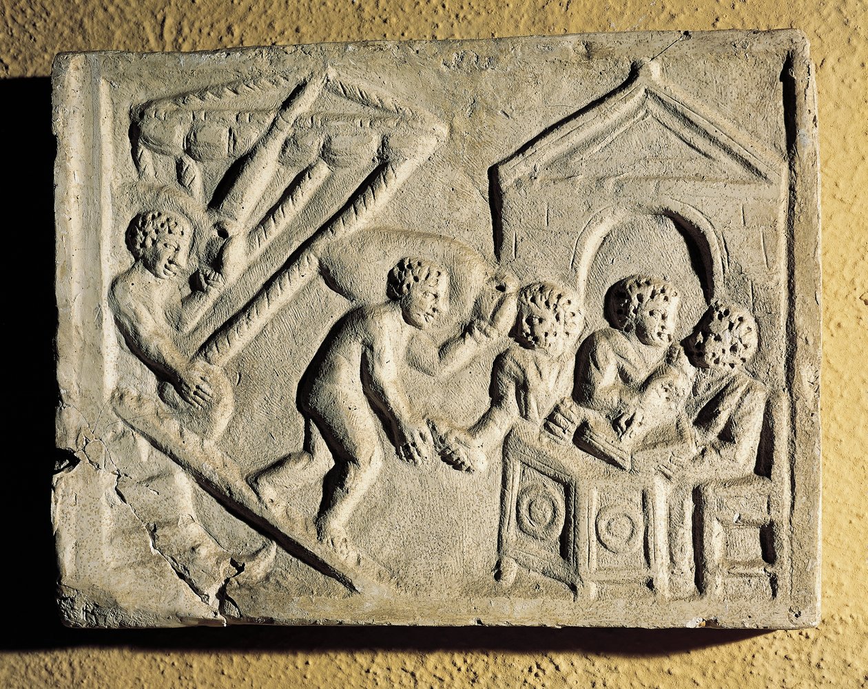 Lossning av last och hamnkontroller, basrelief, romersk civilisation av Roman
