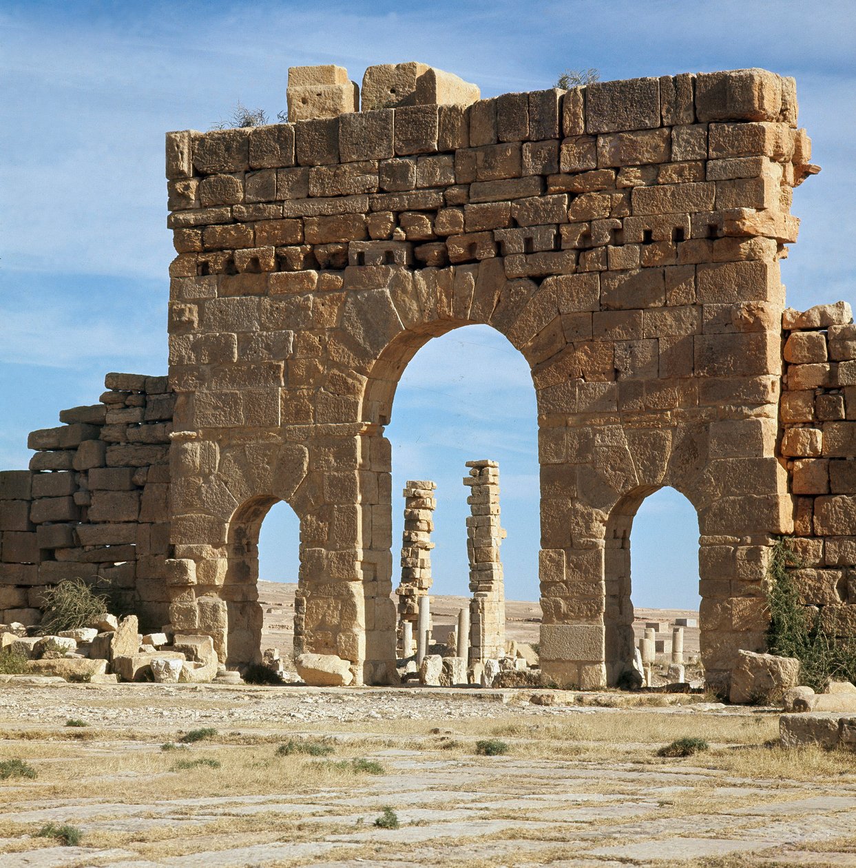 Utsikt över den arkeologiska platsen genom Antoninus port av Roman