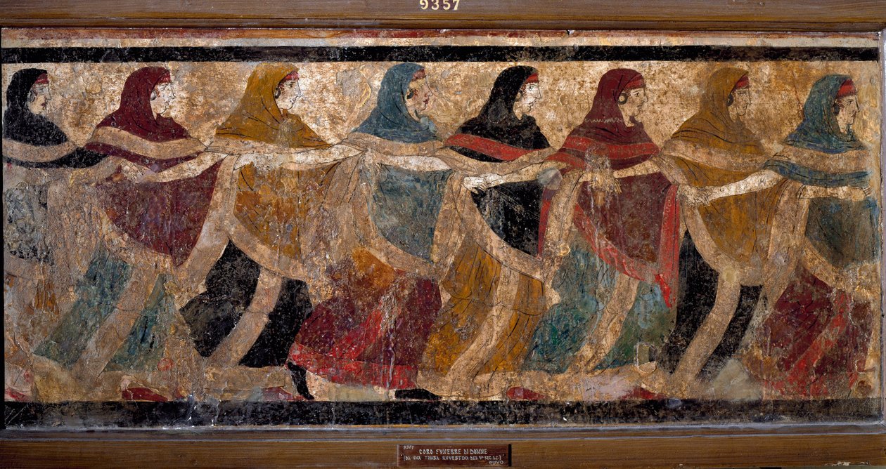 Kvinnors begravningsrunda. Färsk 117x52,5cm. Målning från graven nr 11, via dei Cappuccini i Ruvo, Italien. 500-talet f.Kr. Färsk i 6 fragment. Inv. NO 9357. Nationella arkeologiska museet, Neapel (Musee Archeologique de Naples). av Roman