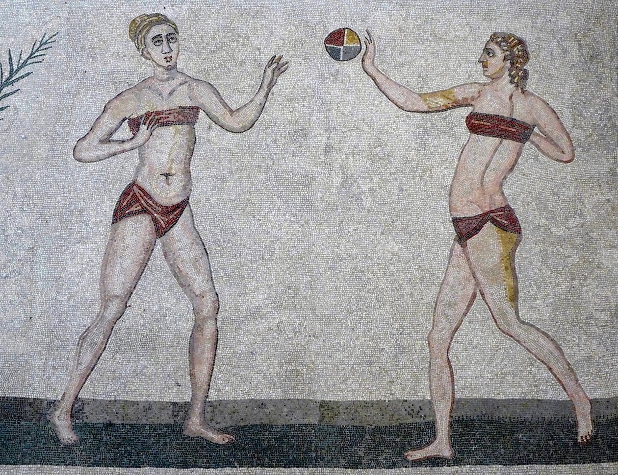 Unga kvinnor i bikini, Villa Romana del Casale, Sicilien, 315-350 AD (mosaik) av Roman