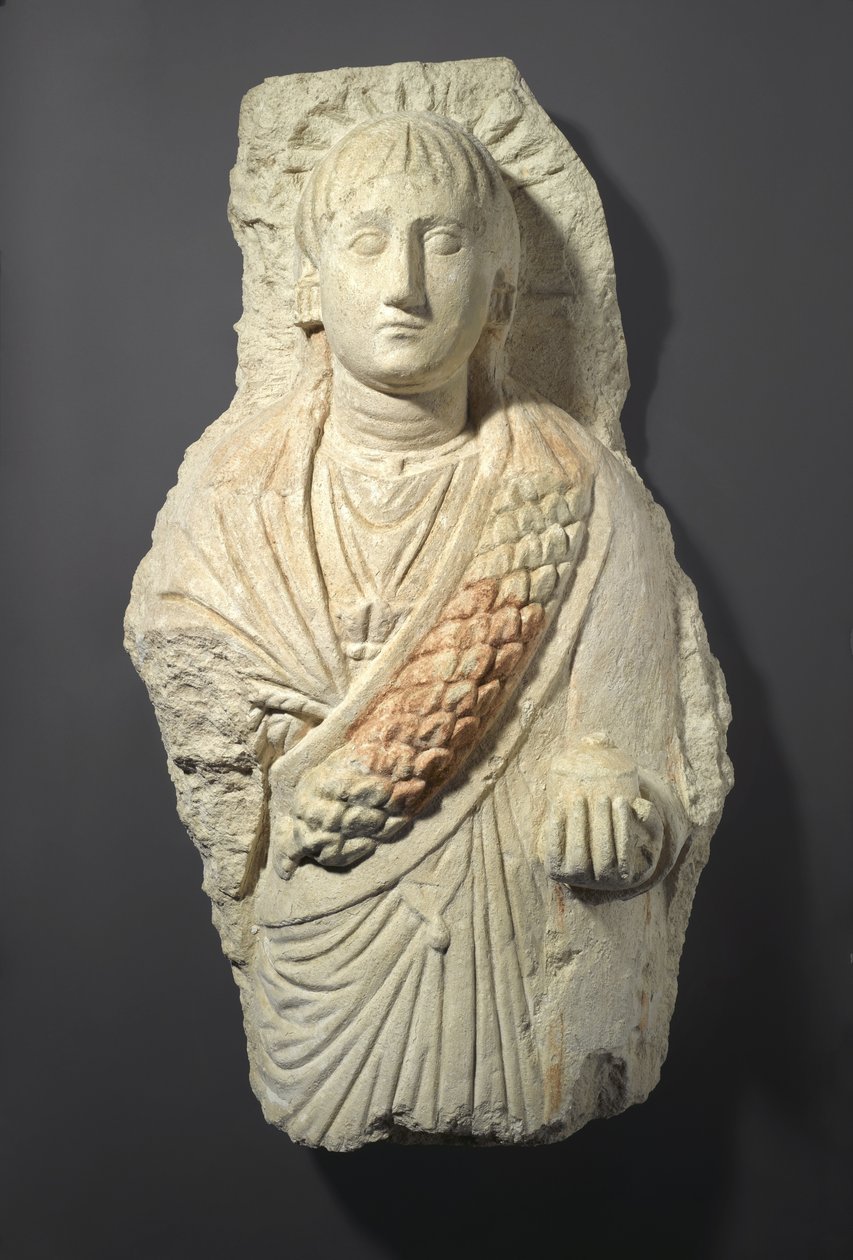 Begravningsfigur av en kvinna, hittad i Oxyrhynchos, 300-400-talet (kalksten med spår av gesso och färg) av Roman Period Egyptian