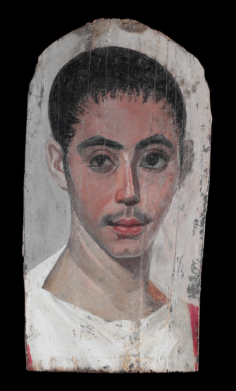 Porträtt av en ungdom med ett kirurgiskt snitt i ett öga, 190-210 e.Kr. (enkaustisk färg på kalkträ) av Roman Period Egyptian