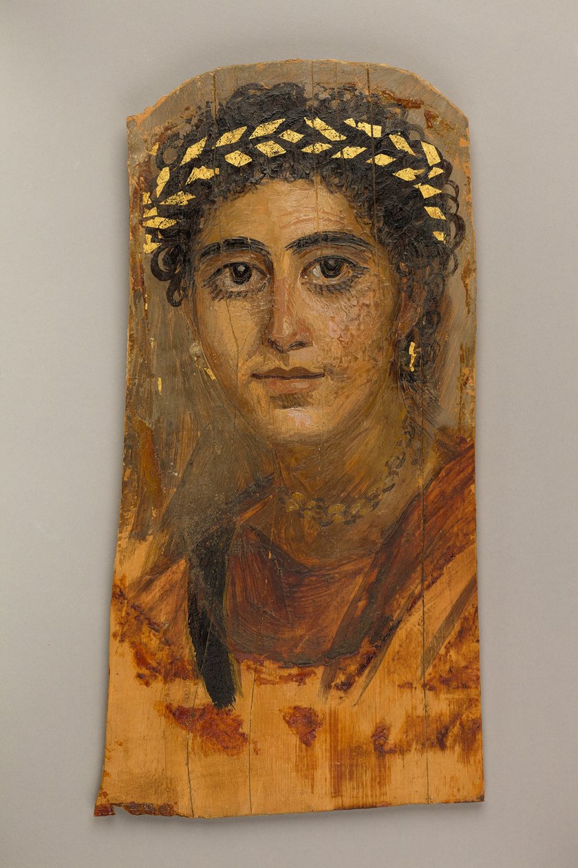 Porträtt av en ung kvinna i rött, 90-120 AD (encaustic, limewood, bladguld) av Roman Period Egyptian